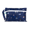 Navy coloured bumkins Wet and dry clutch with evil eye and astrology themed characters  and visible brand tag on a white background 