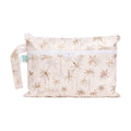 Bumkins beige wet/dry clutch with palm tree pattern and visible brand tag on a white background