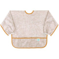 A long sleeve bib with elasticated wrists and front pocket in beige lines pattern and bumkins tag