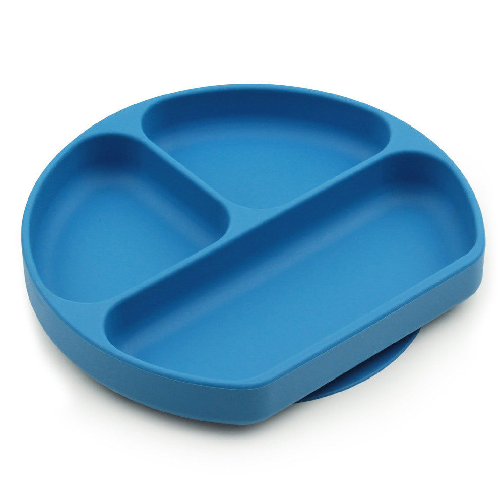 A dark blue bumkins silicone plate with three sections on a white background