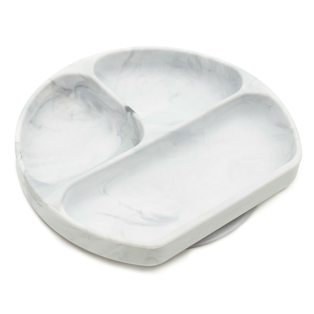 A white and grey marble bumkins silicone plate with three sections on a white background 