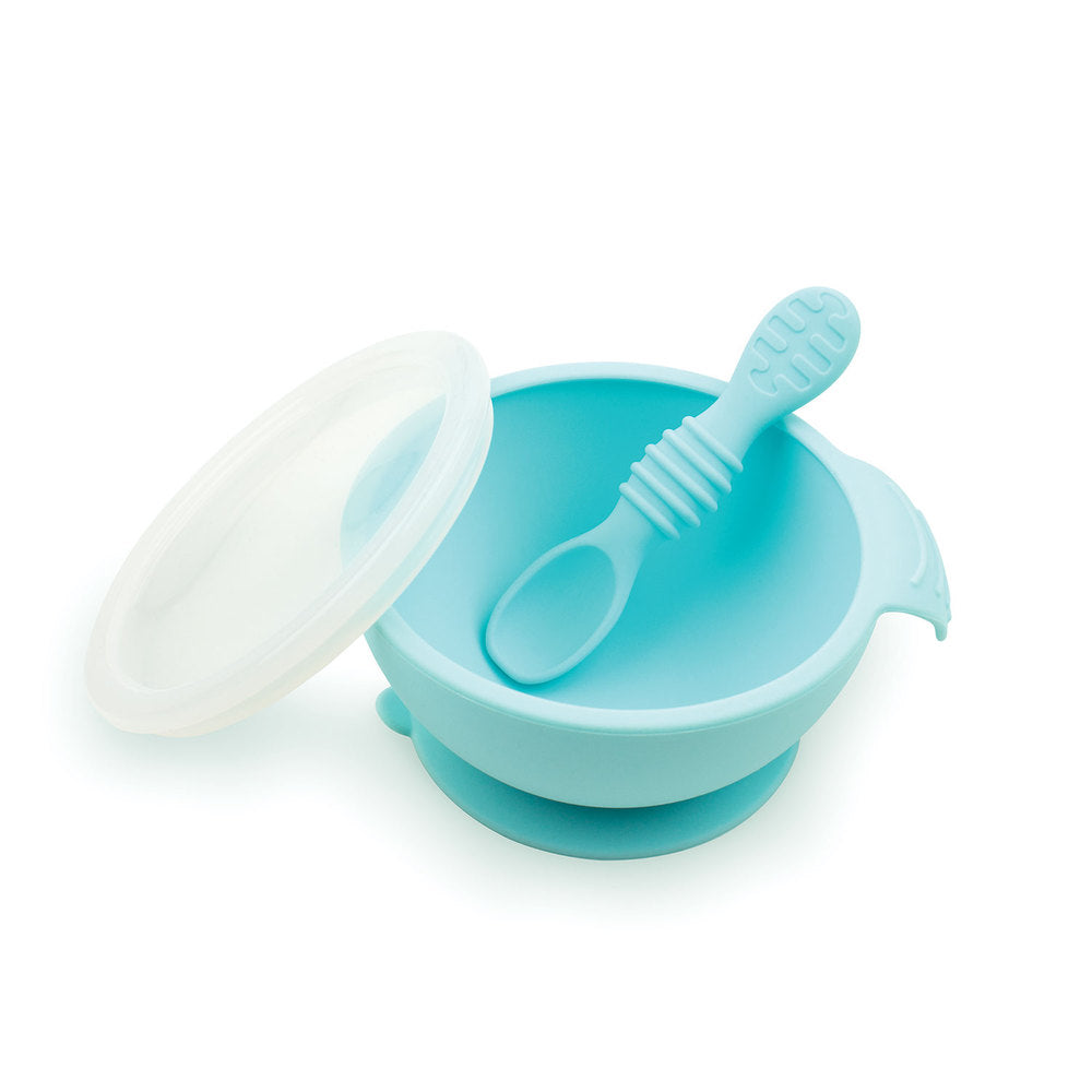 Blue Silicone Feeding Bowl with lid and silicone spoon on a white background