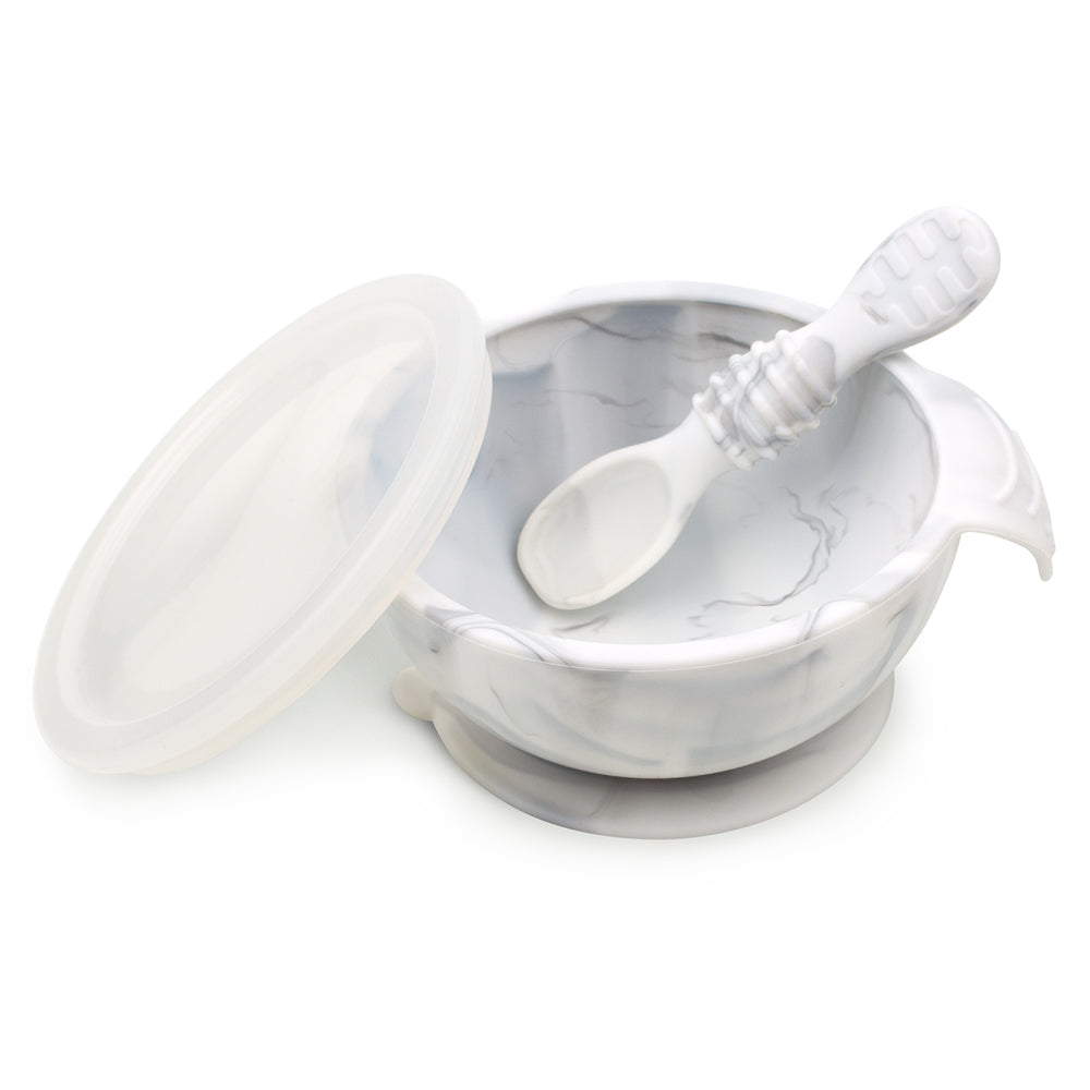 Grey marble Silicone Feeding Bowl with lid and silicone spoon on a white background