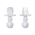A white and grey marble set of silicone baby cutlery chewtensils including one spoon and one fork with bumkins logo on the handle 
