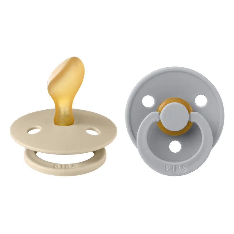 beige and grey anatomical latex pacifier two pack