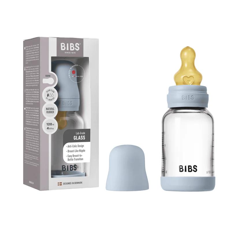 Blue latex and glass anti colic baby bottle