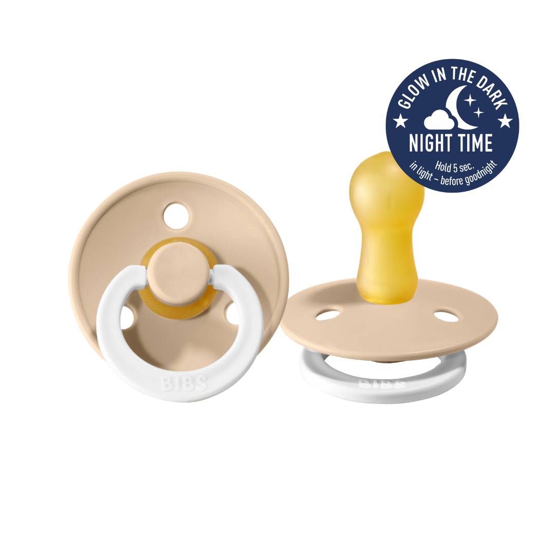 Beige glow in the dark rubber pacifier two pack