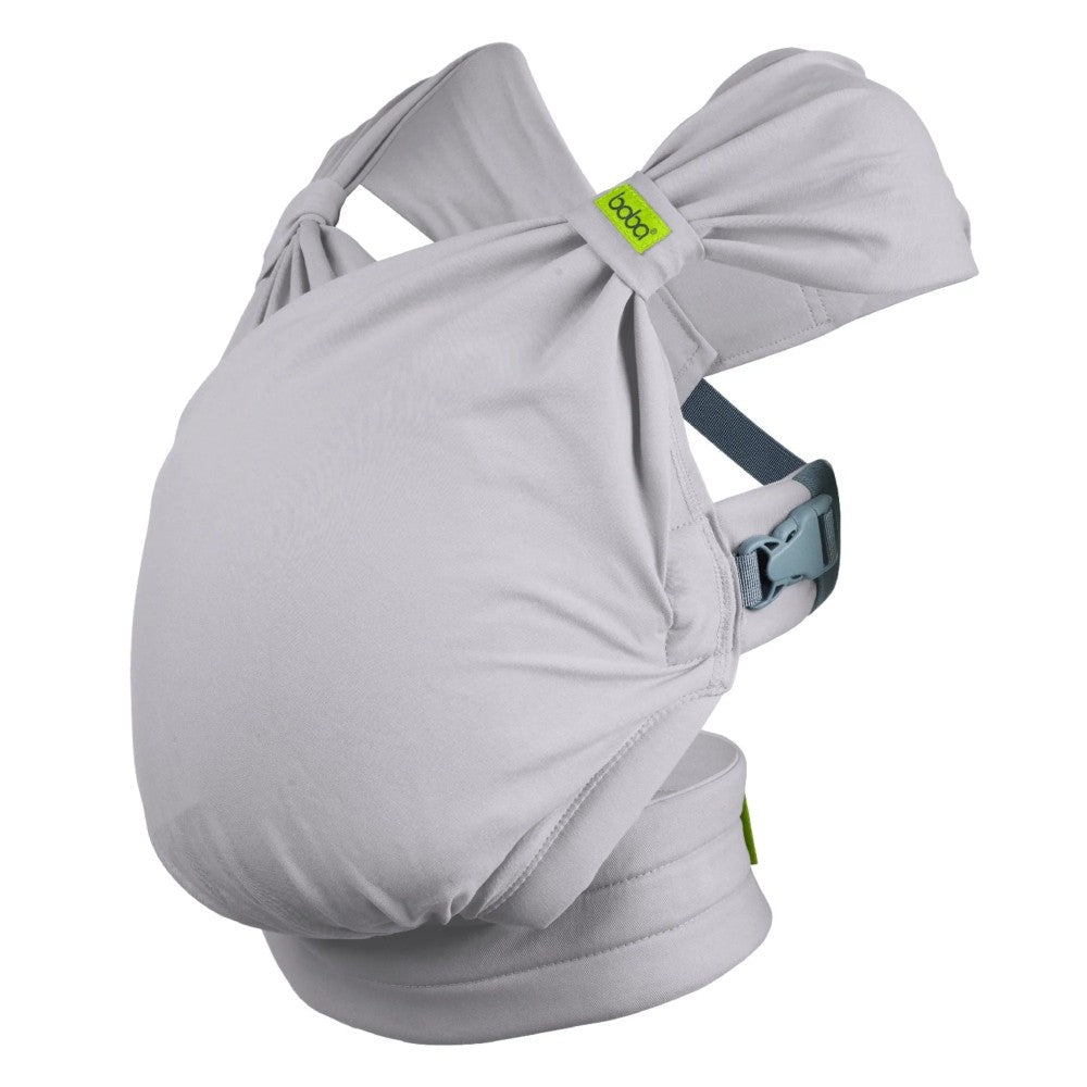 Gray Boba Bliss baby carrier with a green tag on a white background