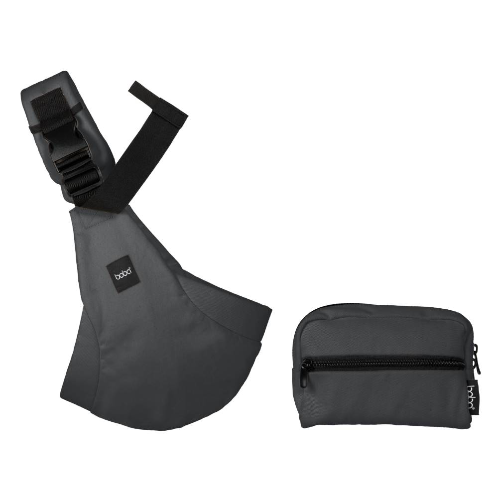 Gray baby carrier with a small pouch on a white background