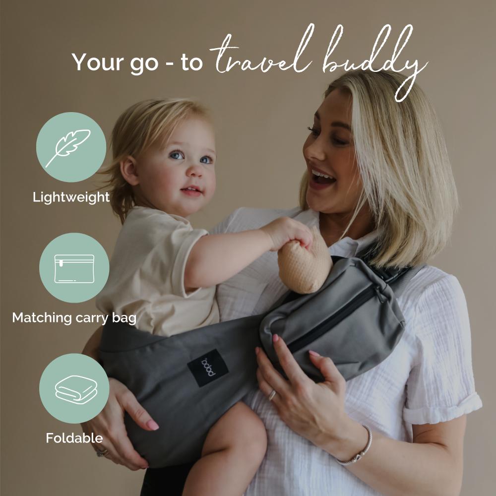 Woman holding a baby in a Boba Buddy hip carrier with text and icons about the product's features.