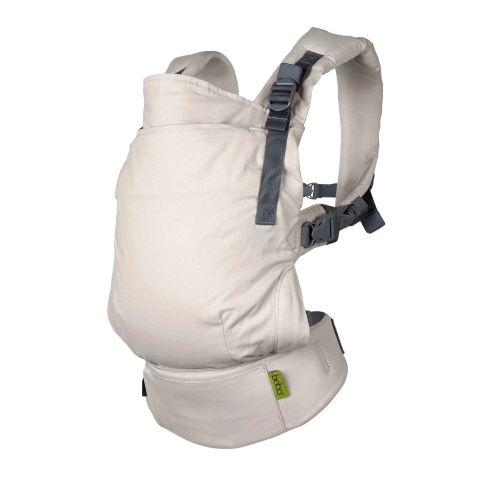 Boba X Beige baby carrier with gray straps on a white background