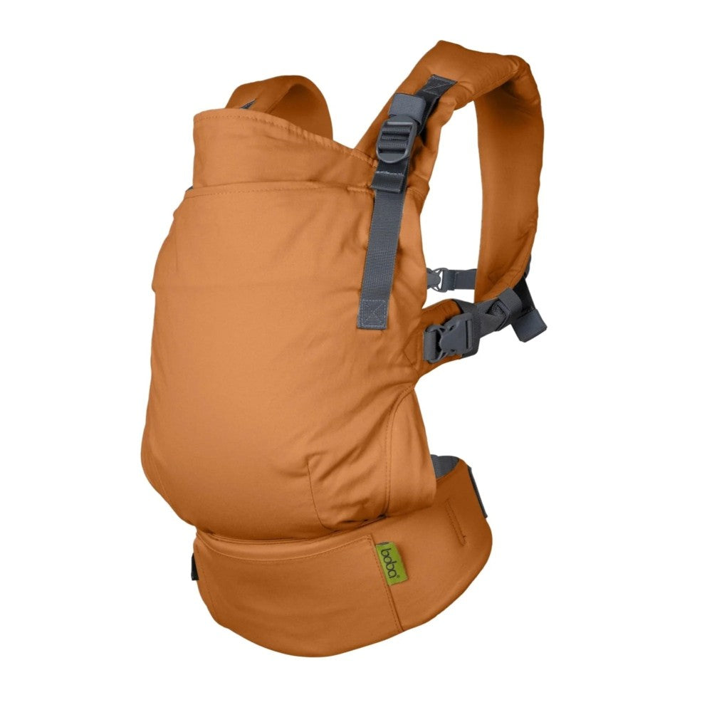 Rye Brown Boba X linen baby carrier with black straps on a white background