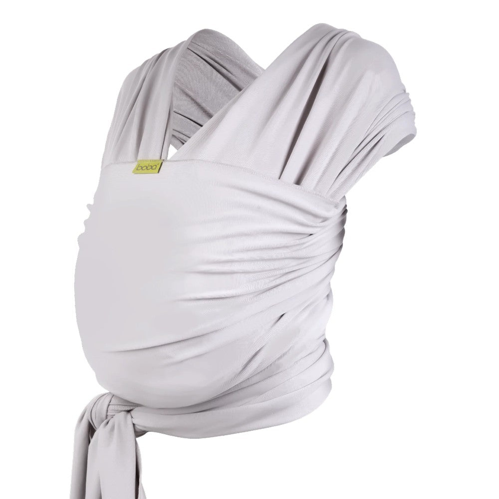 Light gray Boba Serenity bamboo viscose baby wrap carrier on a white background
