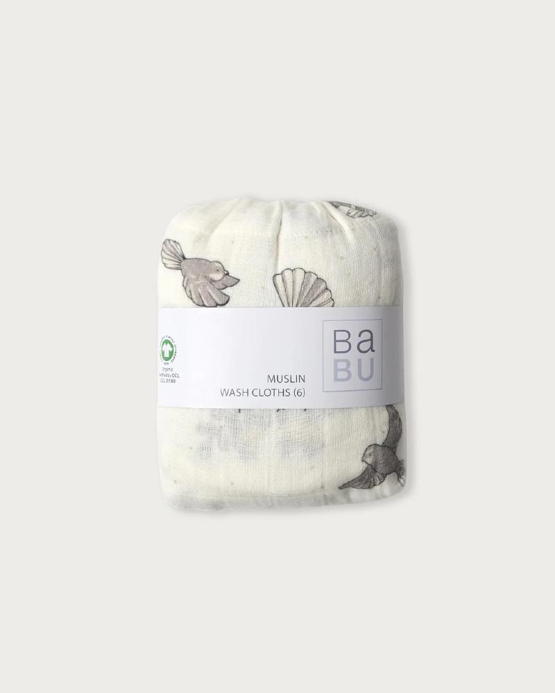 Muslin Wash Cloth 6pk - Piwakawaka Fantail