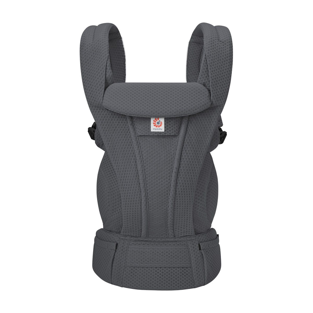 A charcoal grey baby carrier on a white background. 