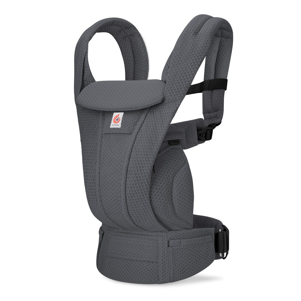 Gray baby carrier with a visible brand logo on a white background