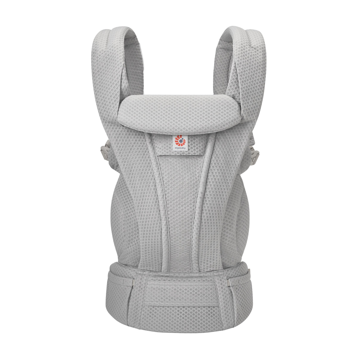 A light grey baby carrier on a white background. 