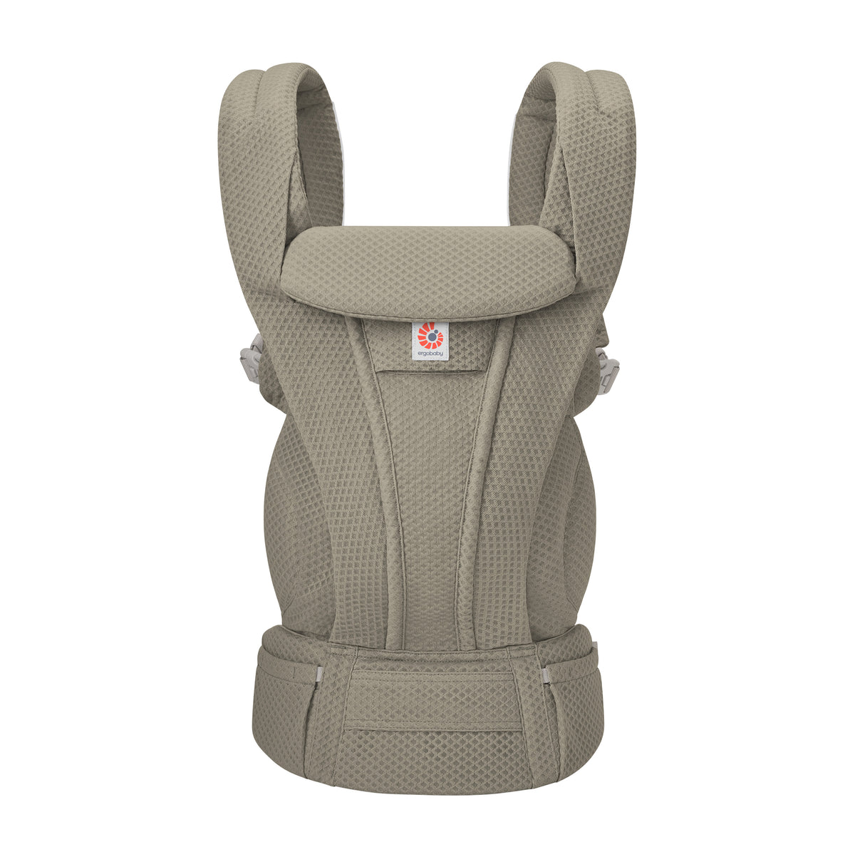 Olive green baby carrier on a white background. 
