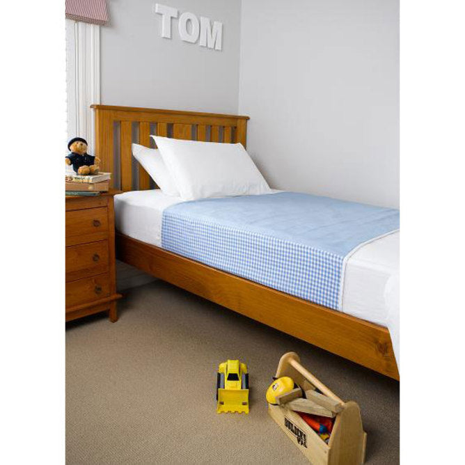 A wooden single bed frame with a light blue brolly sheet with blue and white gingham sides, shown in a child's bedroom setting with a wooden nightstand, carpet, and toys.