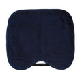 A dark navy blue quilted fabric car seat protector pad with rounded corners and a curved bottom edge, shown flat against a plain white background.