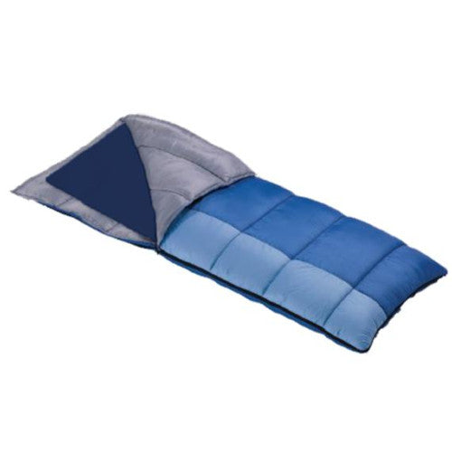 A blue and gray sleeping bag shown open with a brolly sheet navy blue sleeping bag liner on a plain white background.