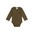 Green organic cotton baby bodysuit with long sleeves on a white background