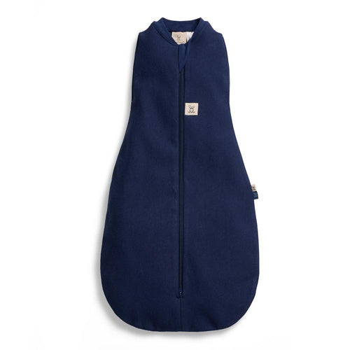 Navy blue baby swaddle bag with a zipper on a white background