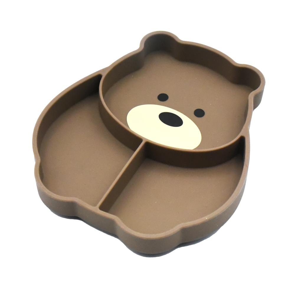 Brown bear-shaped silicone divided plate with divided sections on a white background