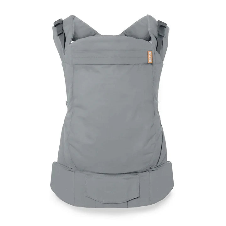 A grayBeco Toddler Carrier shown with padded shoulder straps, a wide waist belt, and a small orange brand tag on the upper right side, set against a plain white background.