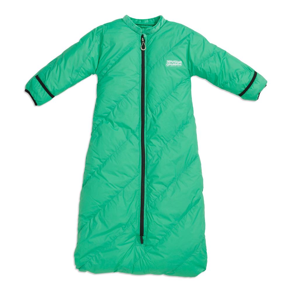 A bright green puffer sleeping bag with long sleeves, a full front zipper, and black trim on the cuffs, shown against a plain white background.