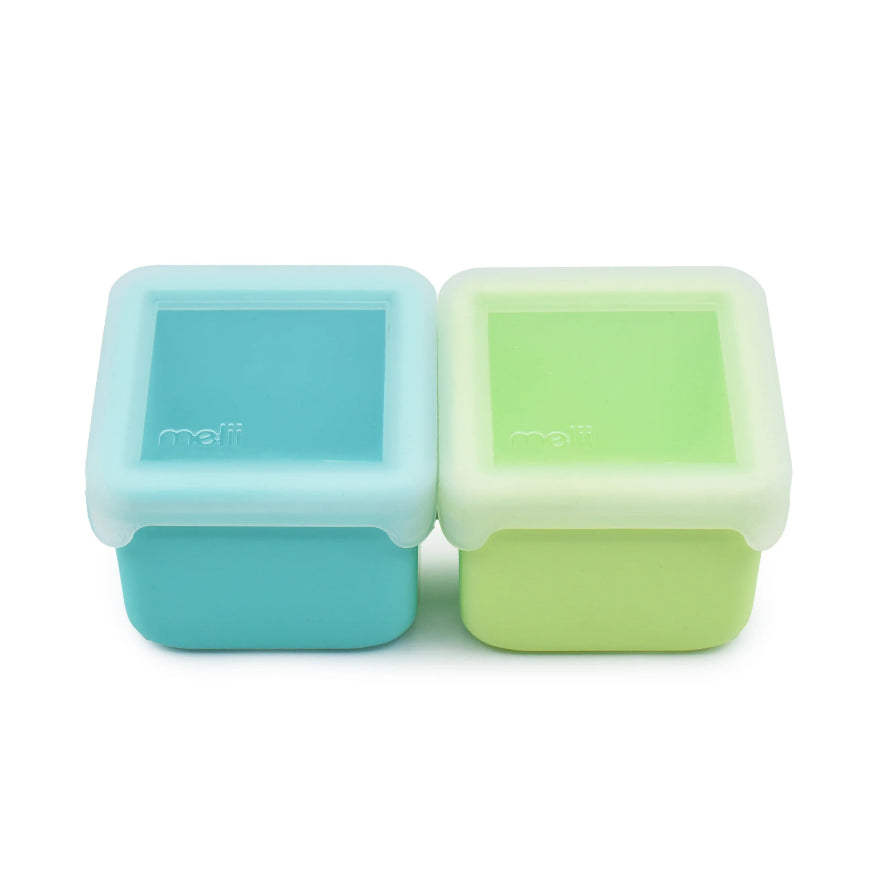 2 pack of silicone snack pots in blue and green