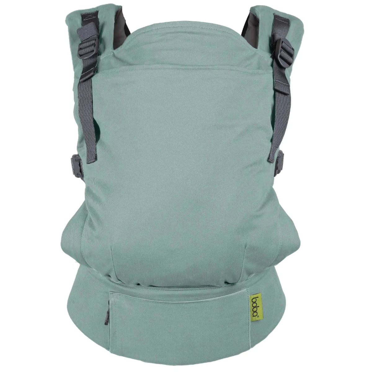 A sage green Boba X baby carrier shown from the back, featuring dark gray adjustable shoulder straps and a small yellow brand label on the lower right.