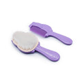 Purple pet grooming brush and comb set on a white background