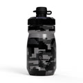  A black  Camelbak camo water bottle on a white background. 
