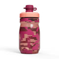  A berry red  Camelbak camo water bottle on a white background. 