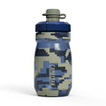  A dark blue Camelbak camo water bottle on a white background. 