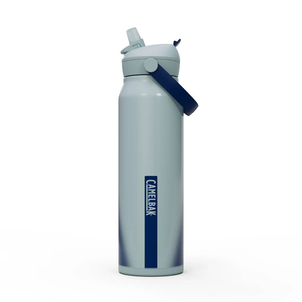 CamelBak water bottle with blue lid and handle on a white background