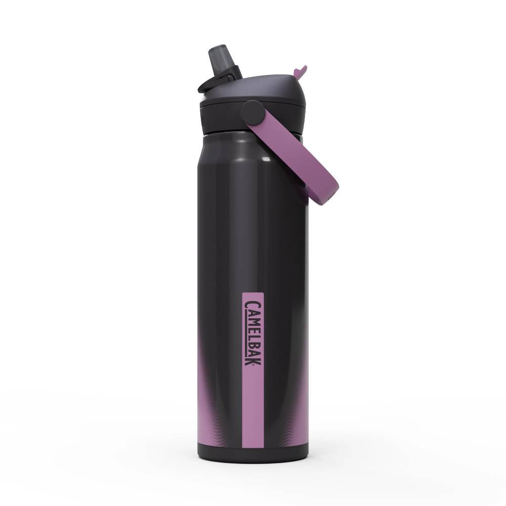 Black water bottle with purple accents and CamelBak logo on a white background