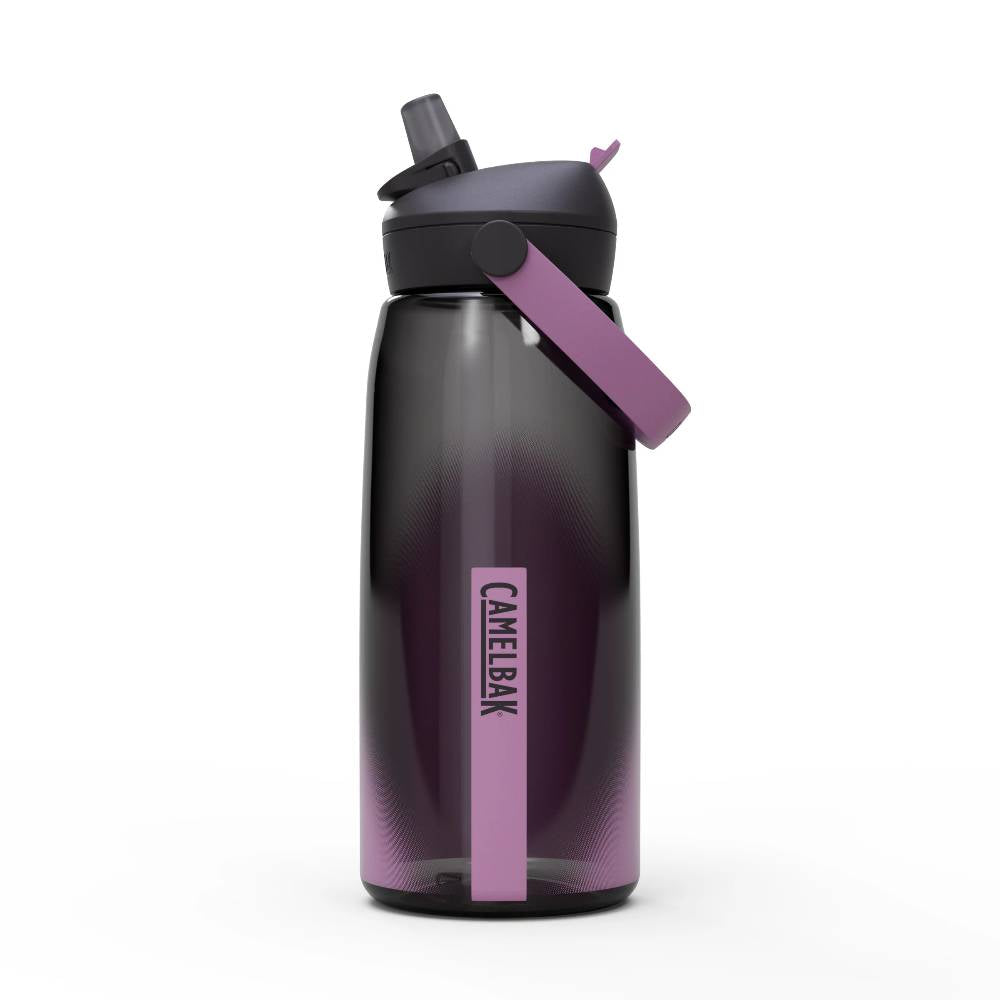 Black and purple water bottle with CamelBak logo on a white background