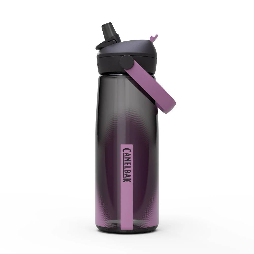 Black and purple water bottle with CamelBak logo on a white background