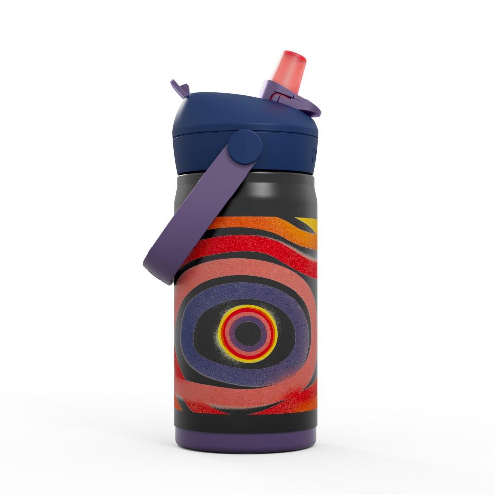 Purple with multicoloured swirl design kids flip straw stainless steel insulated water bottle