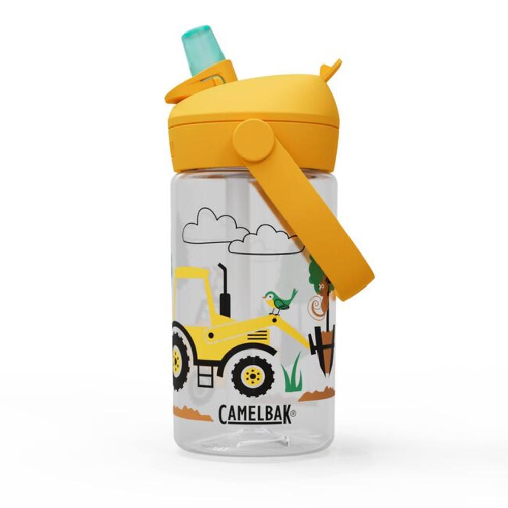 Yellow with tractors kids flip straw plastic water bottle