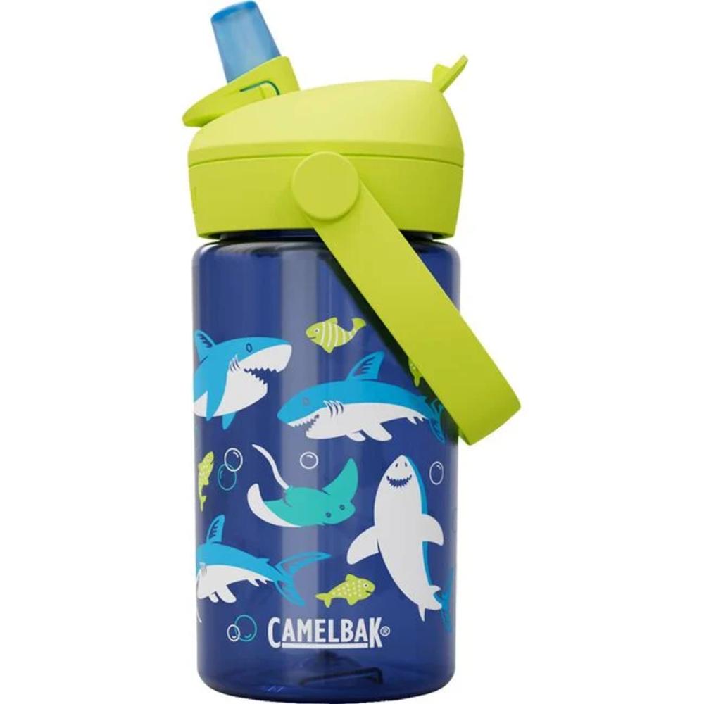 Blue and green with sharks kids flip straw plastic water bottle