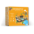 Connetix magnetic tiles packaging with road and vehicle illustrations on a white background