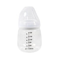 A clear plastic baby bottle with black measurement markings in ounces and milliliters, featuring a clear silicone nipple, shown against a plain white background.