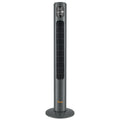 Charcoal tower fan with digital display on a white background
