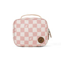Pink and white checkered lunch bag with a brown leather patch on a white background