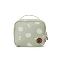 Green lunch bag with a white apple pattern on a white background