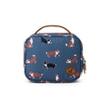 Blue rectangular lunch bag with dog pattern on a white background