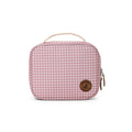 Pink gingham patterned lunch bag with a brand logo on a white background
